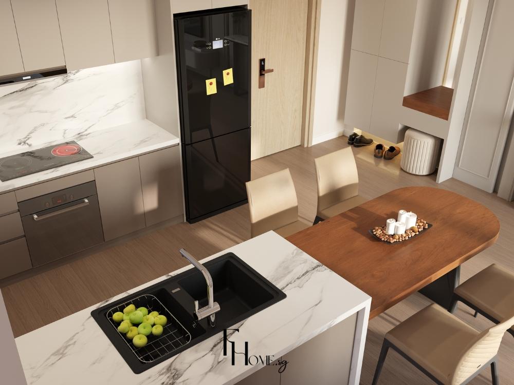 Khu bếp được bố trí khoa học với hệ tủ cao kịch trần và bàn ăn gấp gọn, giúp tiết kiệm diện tích và tạo cảm giác rộng rãi cho căn hộ chung cư