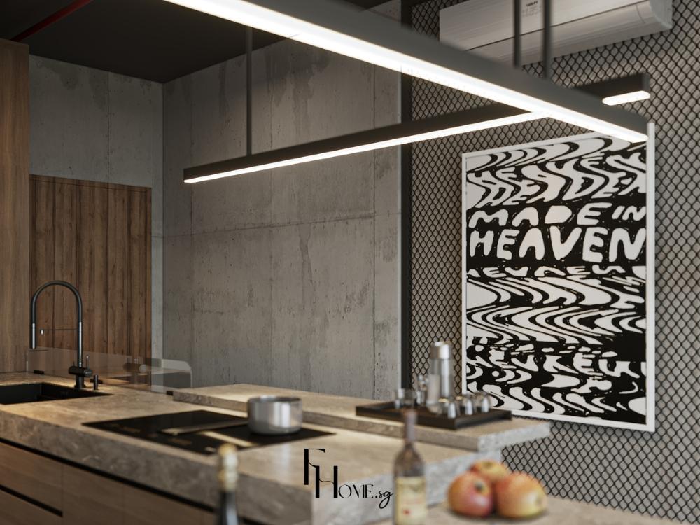 Khu bếp hiện đại tận dụng ánh sáng từ cửa sổ và hệ thống đèn LED bố trí hợp lý