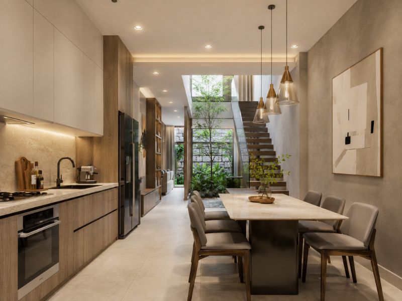 Khu bếp liền bàn ăn phong cách hiện đại với tủ bếp gỗ, bàn đá dài và giếng trời lấy sáng tự nhiên