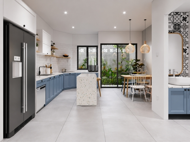 Khu bếp nhà phố 5x20 phong cách Scandinavian với tủ xanh pastel và đảo đá terrazzo