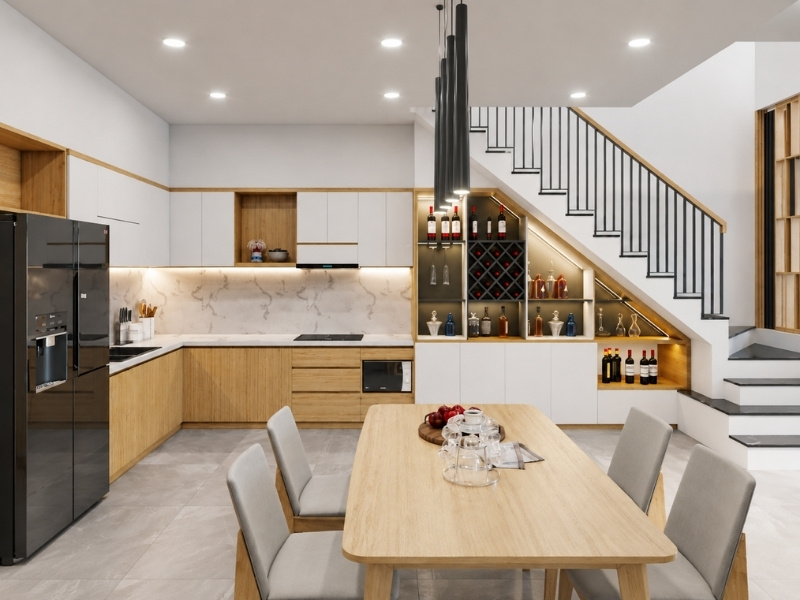 Khu bếp nhà phố 5x20m 2 tầng tận dụng gầm cầu thang làm tủ rượu sang trọng