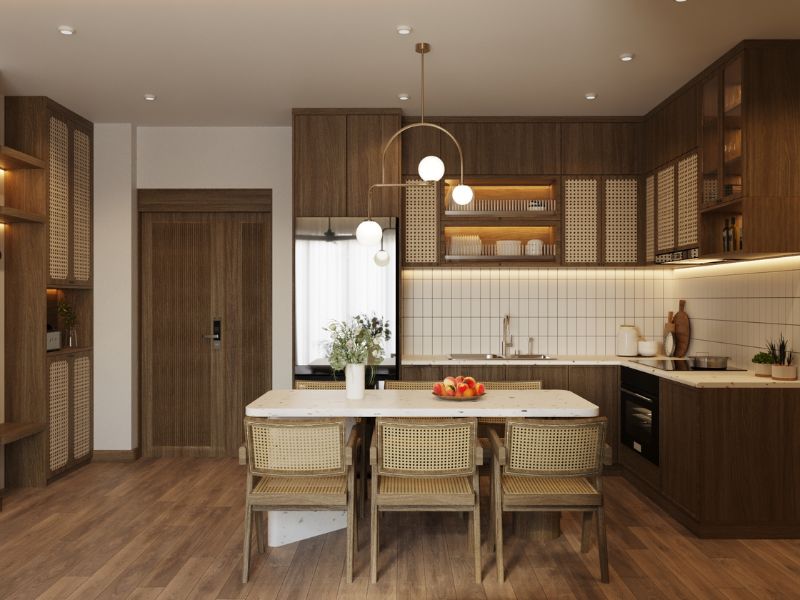 Khu bếp phong cách Rustic trong căn hộ 105m2, sử dụng tủ gỗ và cánh mây đan