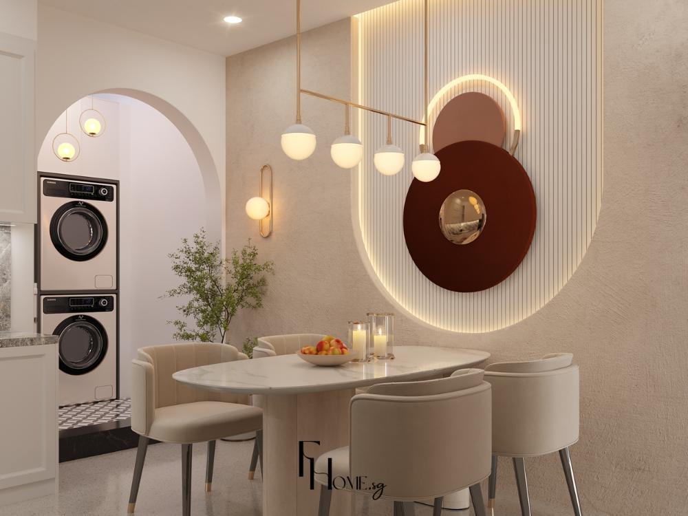 Khu bếp phong cách Wabi Sabi với hệ tủ gỗ mộc, mặt bàn đá thô và ánh sáng tự nhiên từ giếng trời