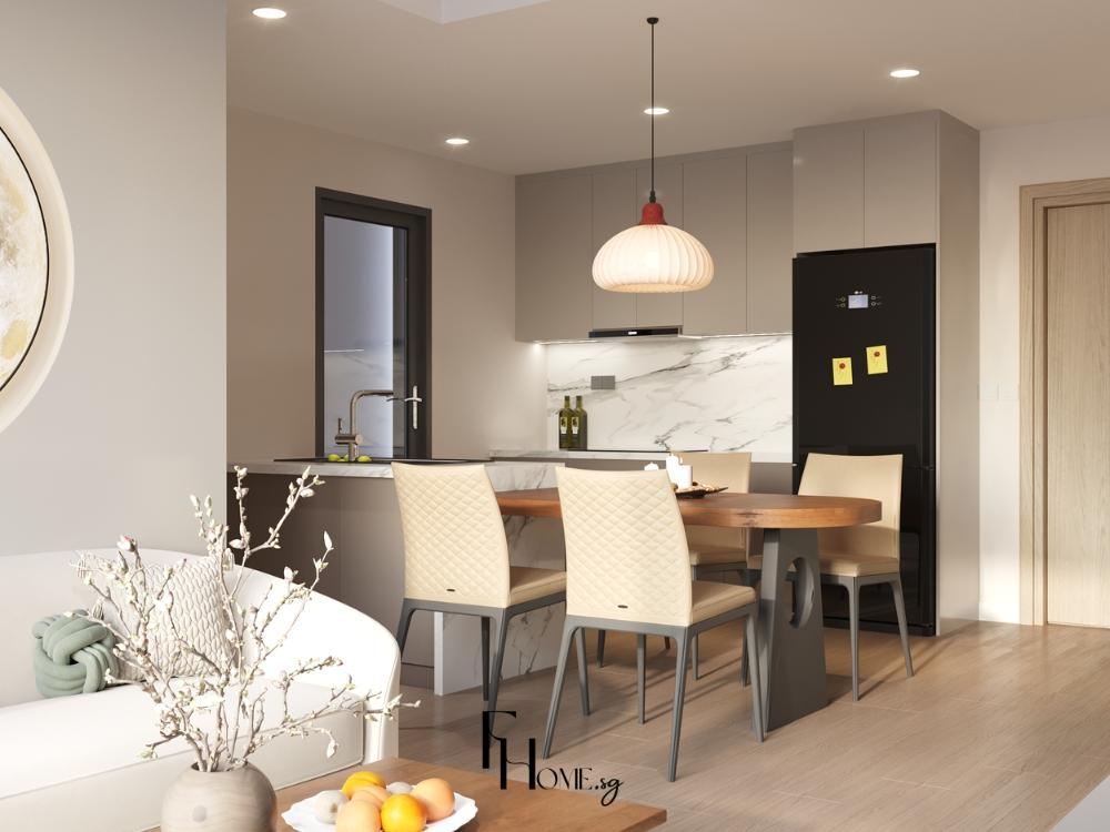 Khu bếp sử dụng vật liệu và bảng màu đồng bộ với tổng thể căn hộ, giúp không gian kết nối mượt mà và mang lại vẻ đẹp cân đối