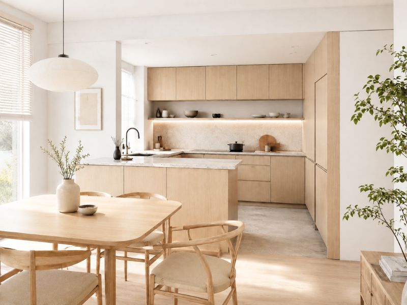 Khu bếp và bàn ăn phong cách Japandi trong các phong cách thiết kế nội thất chung cư với tủ gỗ sáng màu và đảo bếp gọn gàng