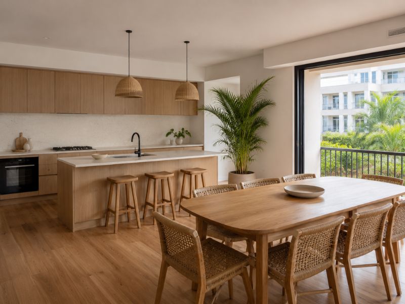 Khu bếp và bàn ăn phong cách Tropical Modern với gỗ sáng màu, ghế mây, đảo bếp và cây cau cảnh