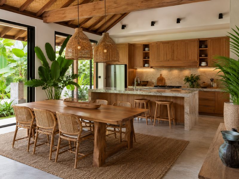 Khu bếp và bàn ăn phong cách Tropical với tủ gỗ, bàn đá, ghế mây và đèn thả mây tre