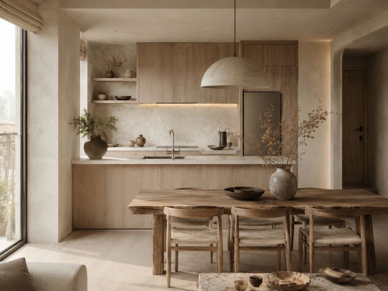 Khu bếp và bàn ăn phong cách Wabi Sabi trong các phong cách thiết kế nội thất chung cư với tủ gỗ đậm màu và bề mặt đá sáng