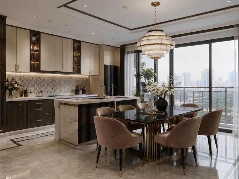 Khu bếp và bàn ăn phong cách thiết kế nội thất chung cư Art Deco với đảo bếp ốp đá, bàn ăn mặt kính, ghế bọc nệm và đèn thả nhiều tầng sang trọng