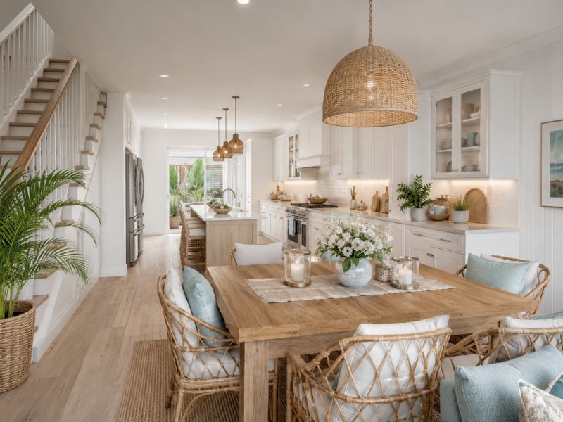 Khu bếp và bàn ăn phong cách thiết kế nội thất chung cư Coastal với tủ bếp trắng, bàn ăn gỗ, ghế mây đệm xanh và đèn thả đan