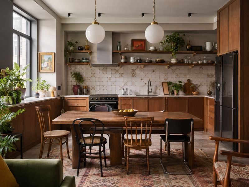Khu bếp và bàn ăn phong cách thiết kế nội thất chung cư Eclectic với tủ bếp gỗ, đèn thả tròn, ghế ăn không đồng bộ và mảng tường gạch men cổ điển