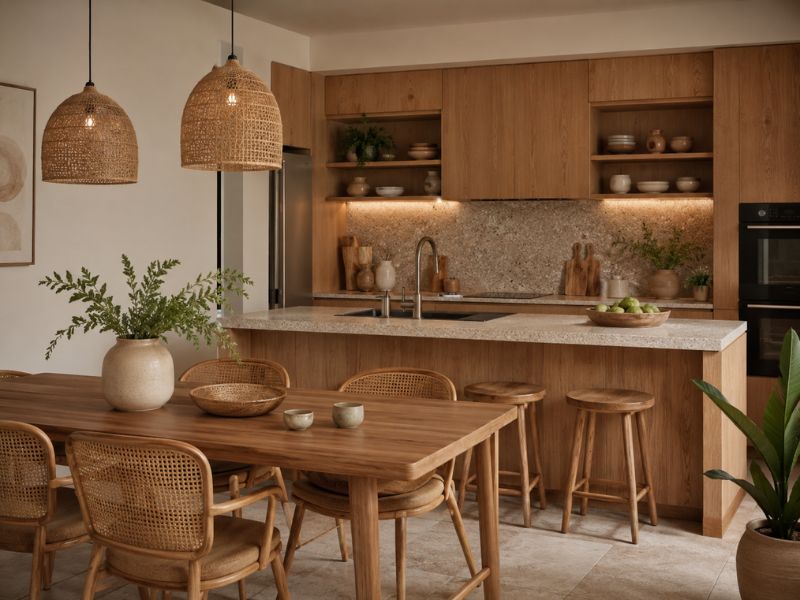 Khu bếp và bàn ăn phong cách thiết kế nội thất chung cư Eco Organic với tủ gỗ, ghế mây, đèn thả mây tre và mặt đá tự nhiên