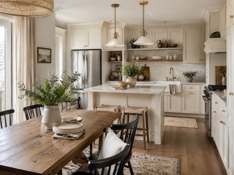 Khu bếp và bàn ăn phong cách thiết kế nội thất chung cư Farmhouse với tủ bếp trắng, đảo bếp nhỏ, bàn ăn gỗ và đèn thả đơn giản