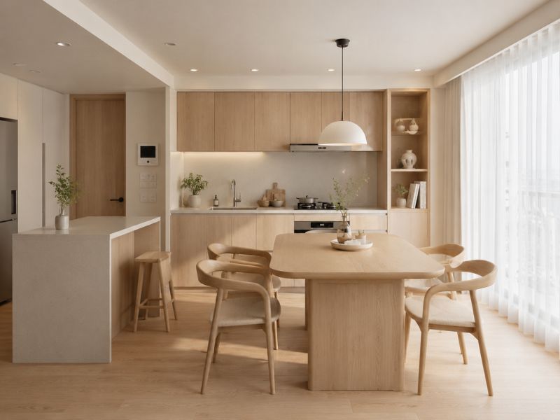 Khu bếp và bàn ăn phong cách thiết kế nội thất chung cư Hàn Quốc với tủ bếp gỗ sáng, bàn ăn bo góc và rèm trắng đón sáng