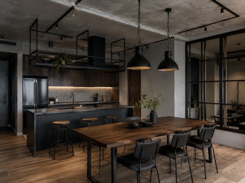 Khu bếp và bàn ăn phong cách thiết kế nội thất chung cư Industrial với tủ bếp tối màu, bàn ăn gỗ dài, đèn thả kim loại và khung kính sắt