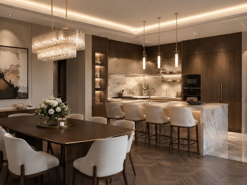 Khu bếp và bàn ăn phong cách thiết kế nội thất chung cư Luxury với đảo bếp ốp đá, tủ gỗ đậm màu và đèn thả pha lê