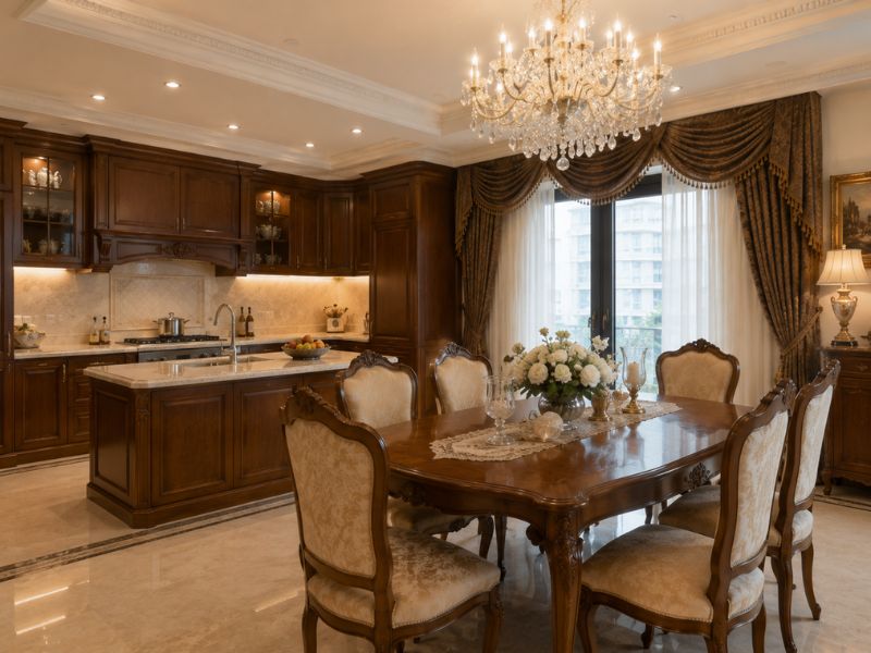Khu bếp và bàn ăn phong cách thiết kế nội thất chung cư cổ điển với tủ gỗ nâu đậm, đảo bếp đá và bộ bàn ghế bọc nệm