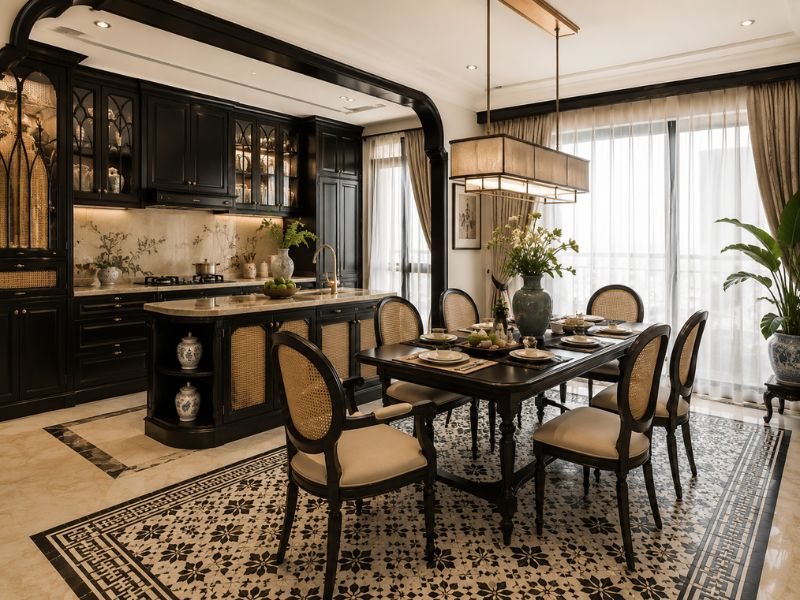 Khu bếp và bàn ăn trong các phong cách thiết kế nội thất chung cư Indochine với tủ bếp gỗ đen, đảo bếp và bộ bàn ăn cổ điển