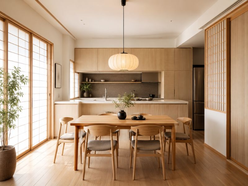 Khu bếp và bàn ăn trong các phong cách thiết kế nội thất chung cư Nhật Bản với tủ bếp gỗ sáng, bàn ăn gỗ và đèn thả tròn