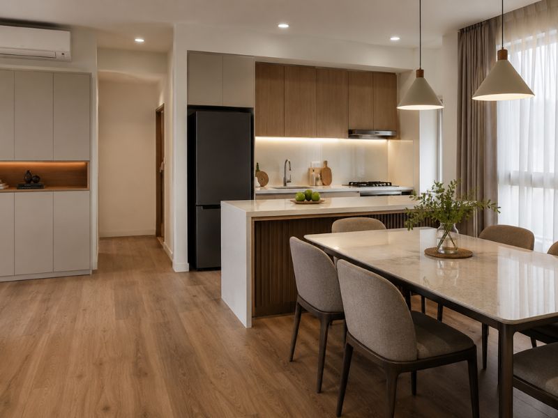Khu bếp và bàn ăn trong các phong cách thiết kế nội thất chung cư đương đại với đảo bếp nhỏ, bàn ăn mặt đá và tủ bếp gỗ sáng màu