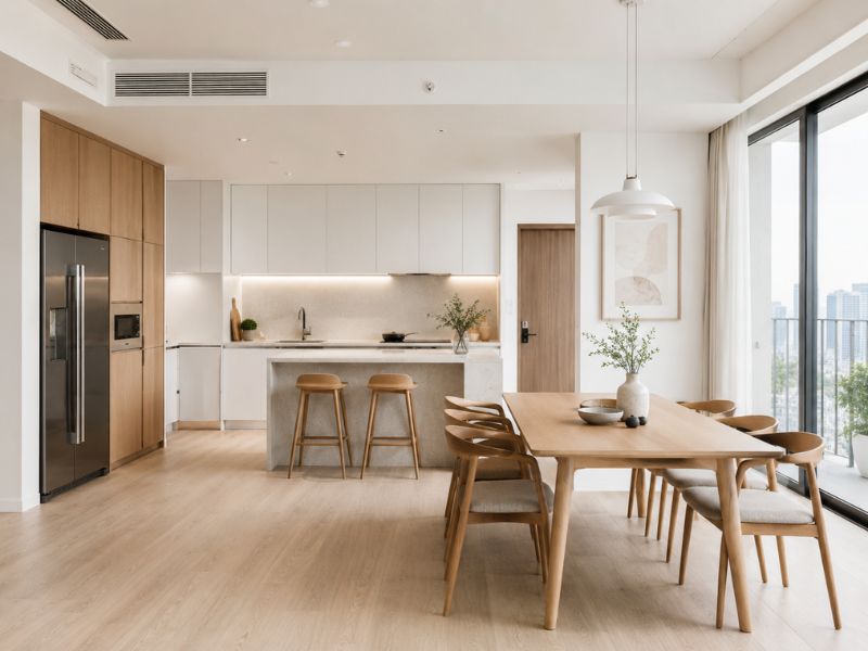 Khu bếp và bàn ăn trong các phong cách thiết kế nội thất chung cư tối giản với tủ bếp trắng, đảo bếp nhỏ và bàn ăn gỗ sáng màu