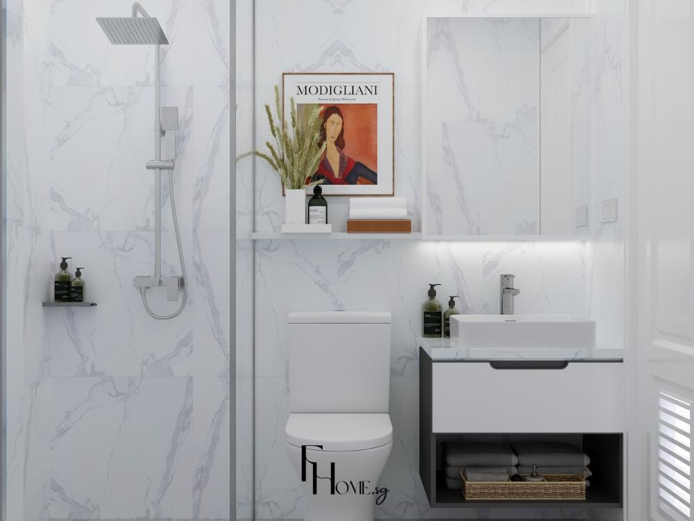 Khu tắm kính trong suốt giúp không gian liền mạch, kết hợp gạch ốp màu sáng tạo hiệu ứng mở rộng thị giác