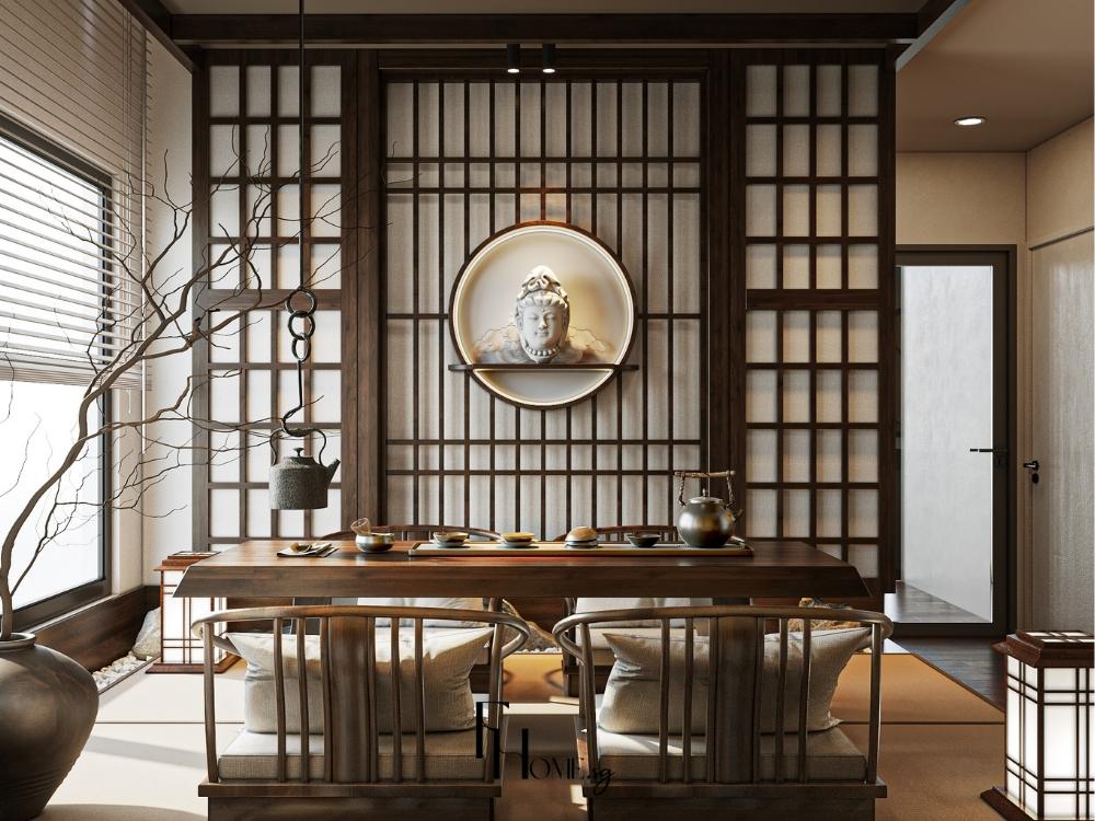 Khu thưởng trà phong cách Nhật với bàn thấp và ghế đệm đơn giản, hòa quyện cùng vật liệu tự nhiên cho trải nghiệm thiền tĩnh nhẹ nhàng