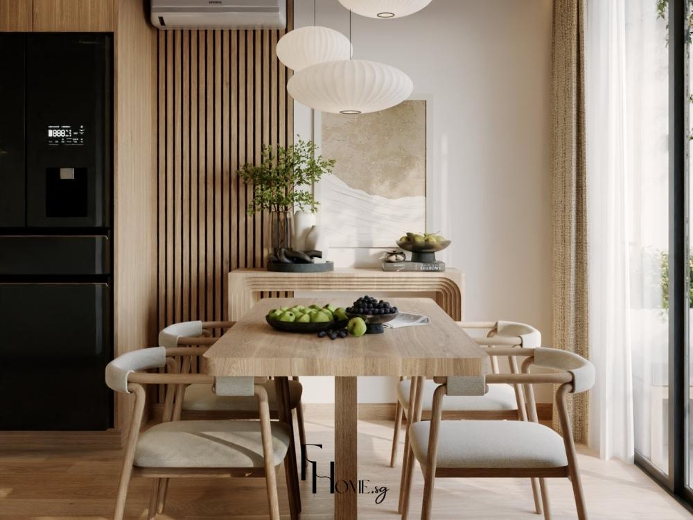 Khu vực bàn ăn phong cách Japandi với bàn gỗ sồi tự nhiên, ghế mây và đèn thả tối giản
