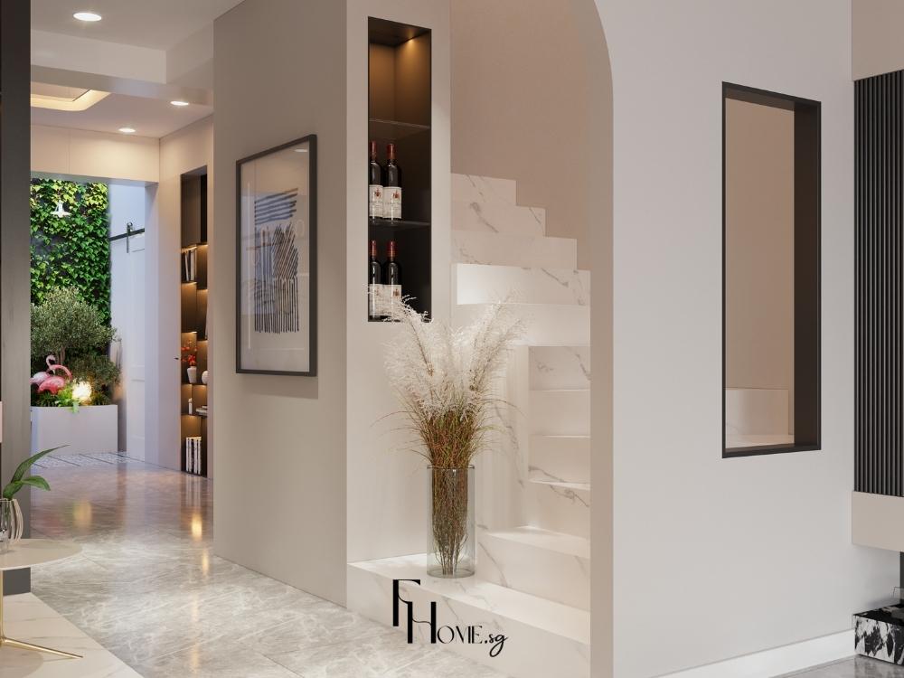 Khu vực cầu thang nhà phố 4 tầng phong cách Luxury với tông mài trắng chủ đạo