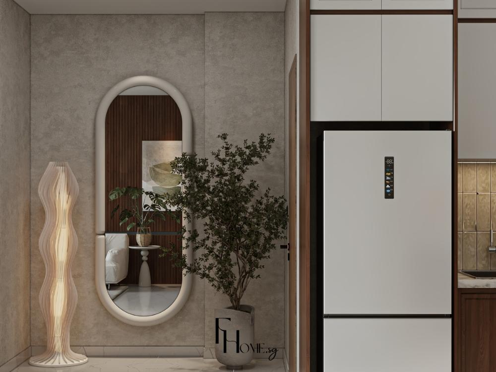 Khu vực sảnh nổi bật với gương treo tường nghệ thuật, tạo điểm nhấn tinh tế và tăng chiều sâu cho không gian đón khách
