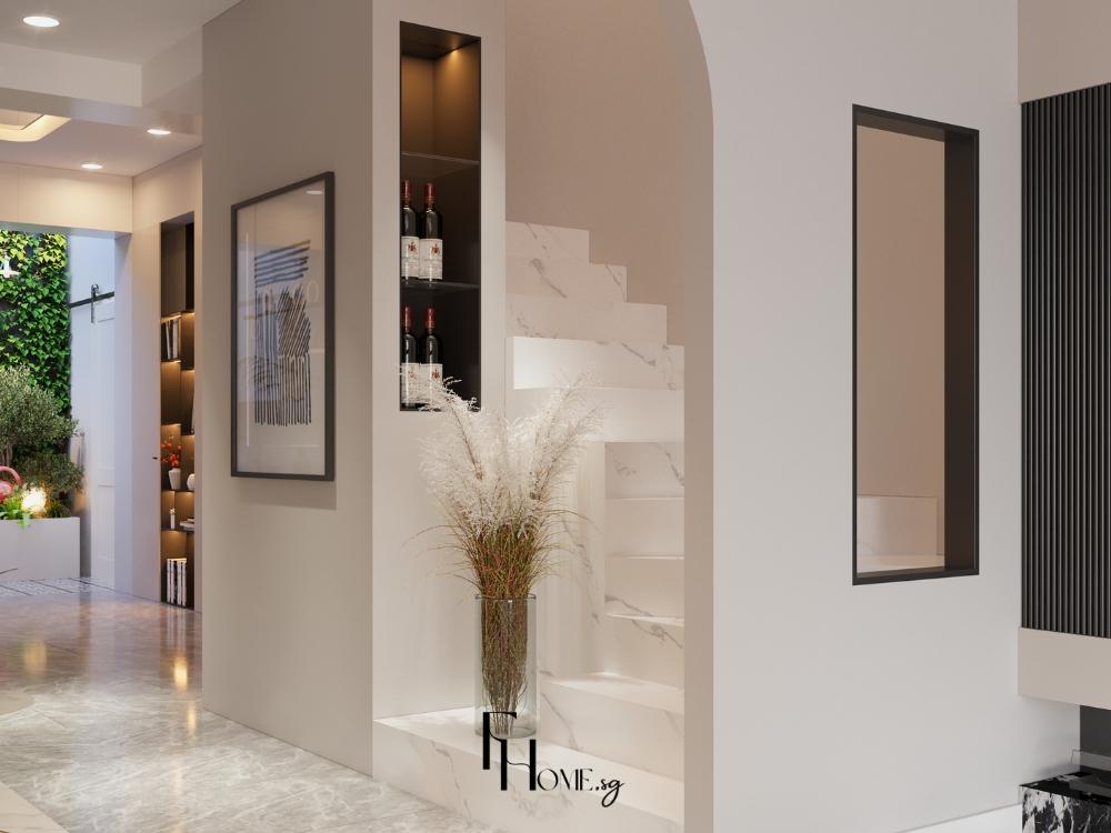 Khu vực sảnh tầng 1 thông thoáng, kết nối liền mạch giữa phòng khách và cầu thang