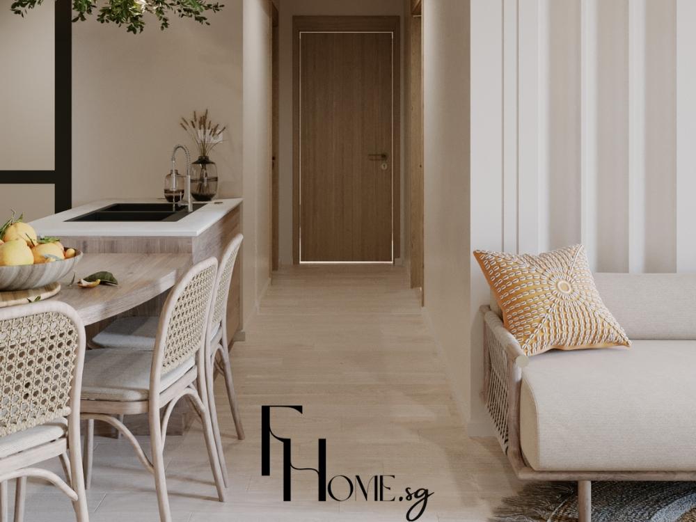 Khu vực trung gian giữa khách và bếp được tận dụng làm khoảng thông thoáng đãng