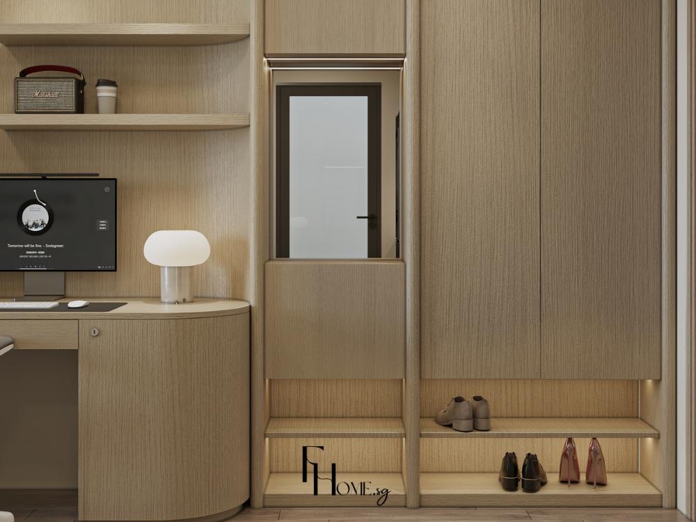 Khu vực tủ giày thiết kế gọn gàng, sử dụng bảng màu gỗ, thể hiện sự chỉn chu và hiện đại