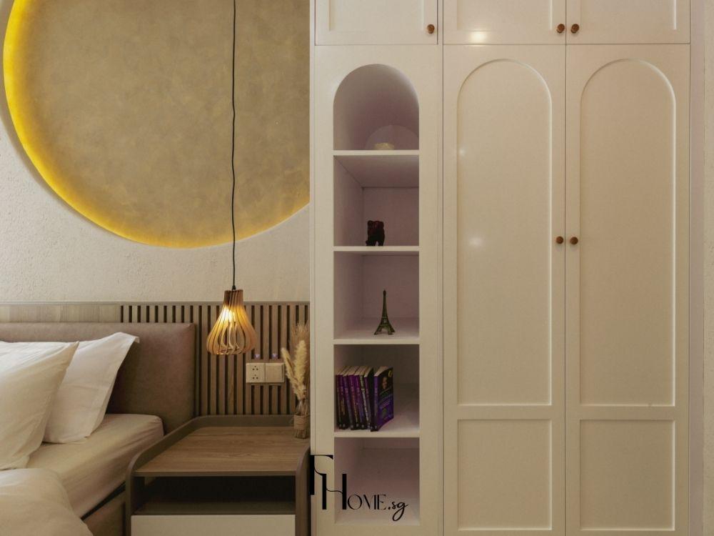 Phòng ngủ wabi sabi màu trắng null kết hợp tủ gỗ trăng sang trọng