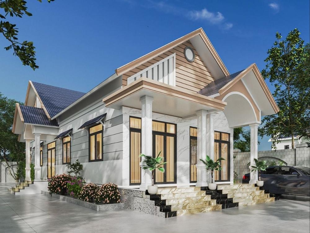 Mái thái dốc của ngôi nhà phố 5x20m cấp 4 giúp thoát nước hiệu quả và tạo không gian thoáng đãng.