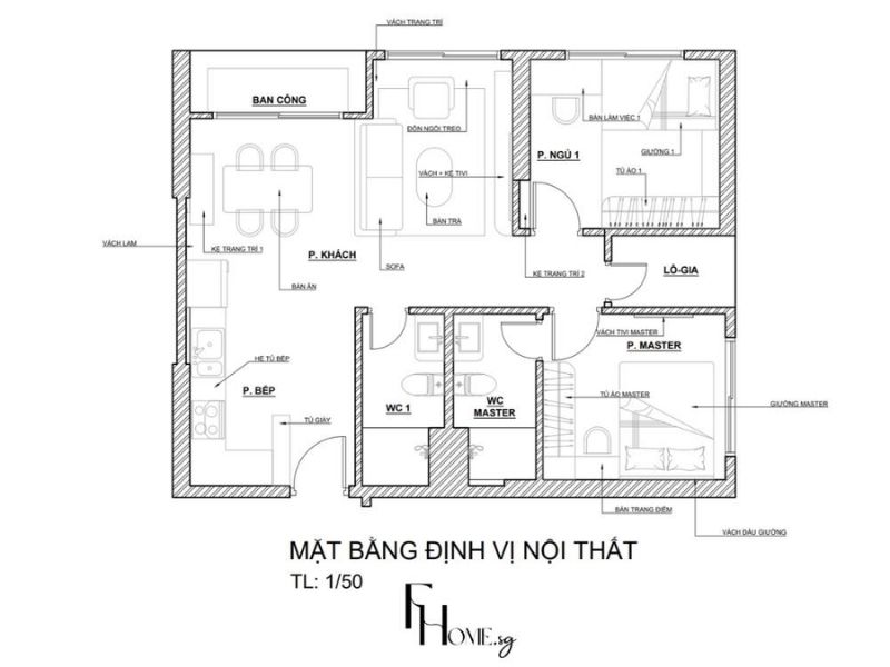 Mặt bằng căn hộ 70m² phân khu phòng khách, bếp và hai phòng ngủ