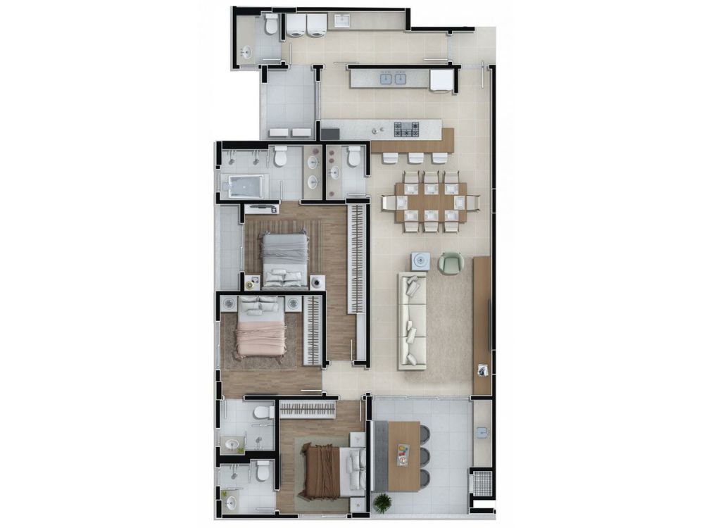 Mặt bằng căn hộ chung cư 105m2 với 3 phòng ngủ