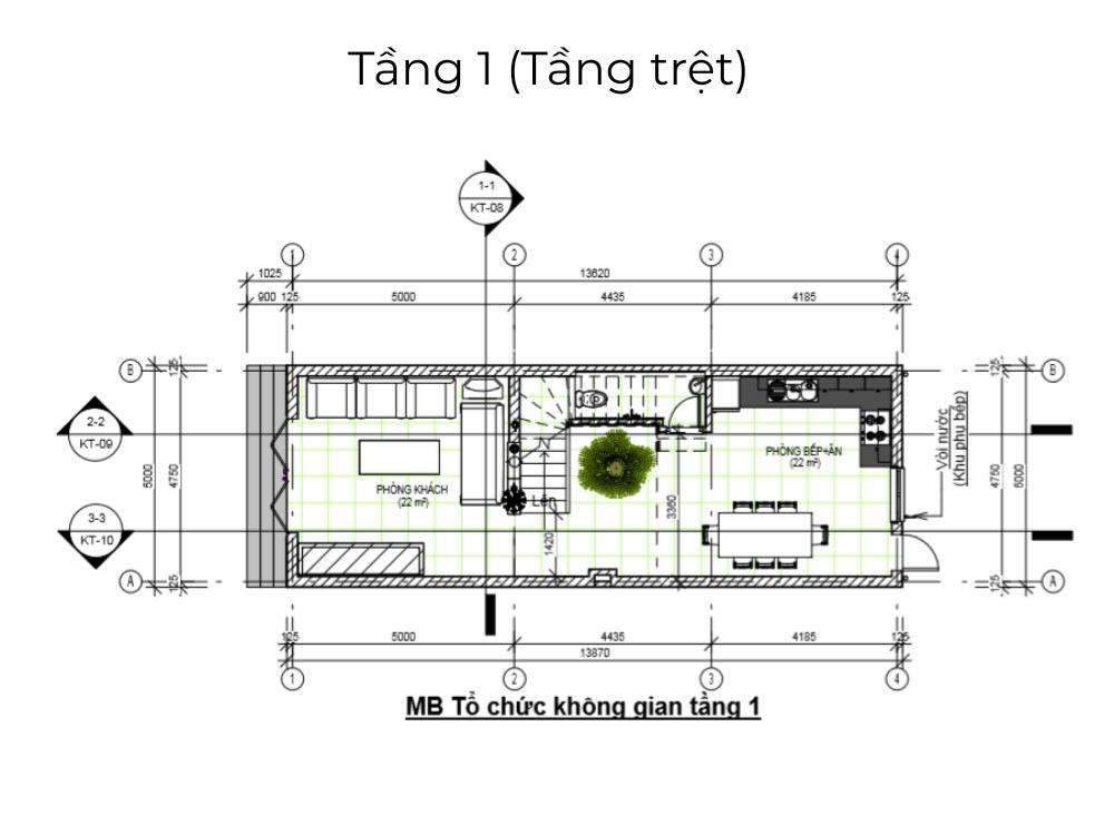 Mặt bằng tầng 1 nhà phố 4x14m bố trí phòng khách, bếp và khu ăn uống