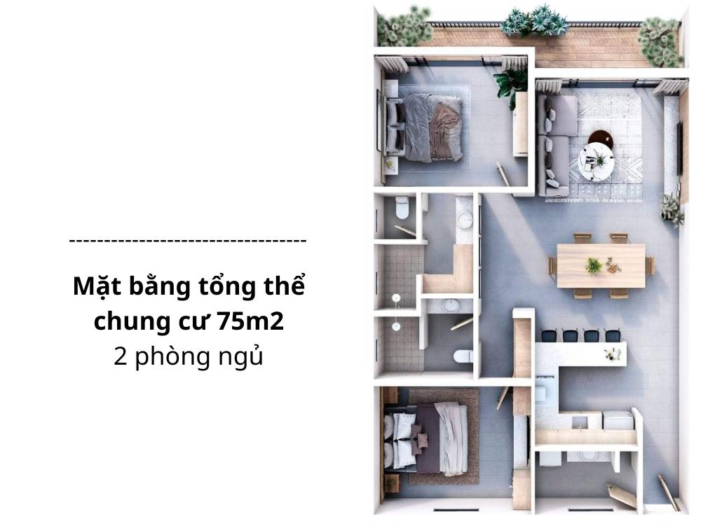 Mặt bằng tổng thể chung cư 75m2 - 2 phòng ngủ