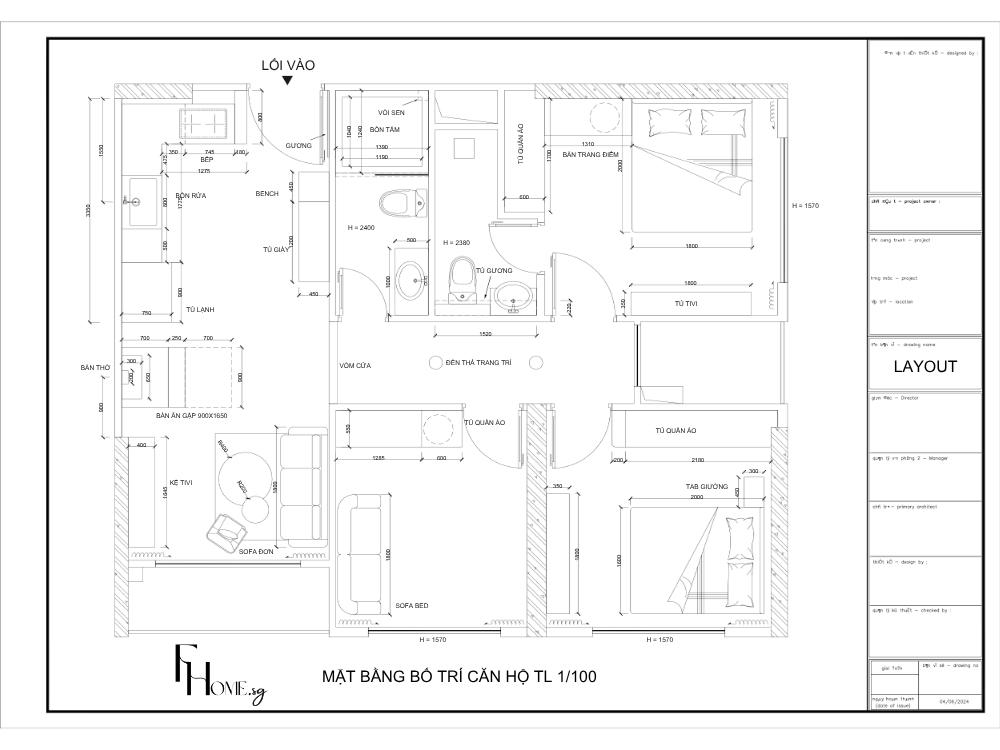 Mặt bằng nội thất tổng thể của căn hộ 90m2 do FHome.sg thiết kế