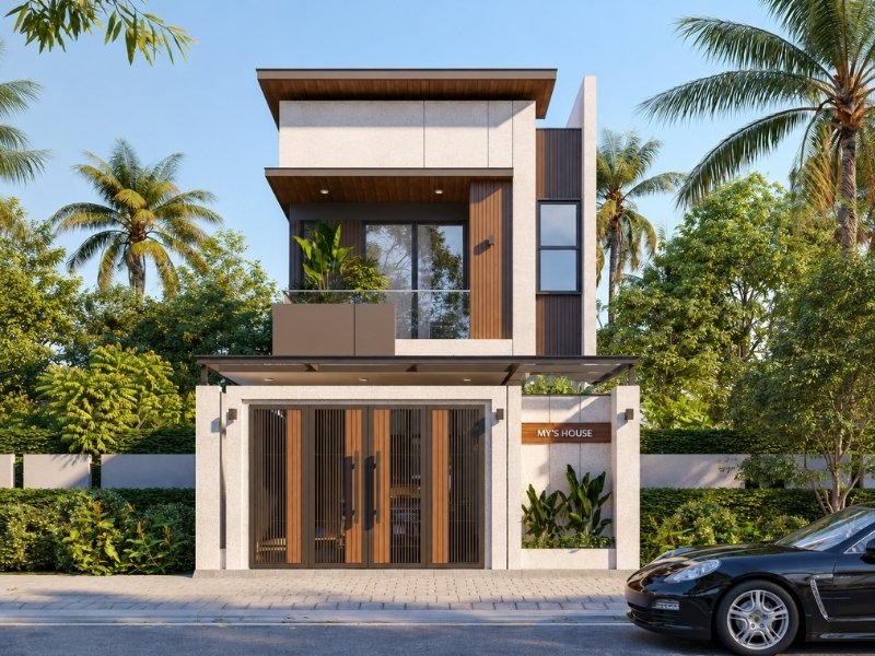 Mặt tiền nhà phố 2 tầng ngang 6m hiện đại ban công kính