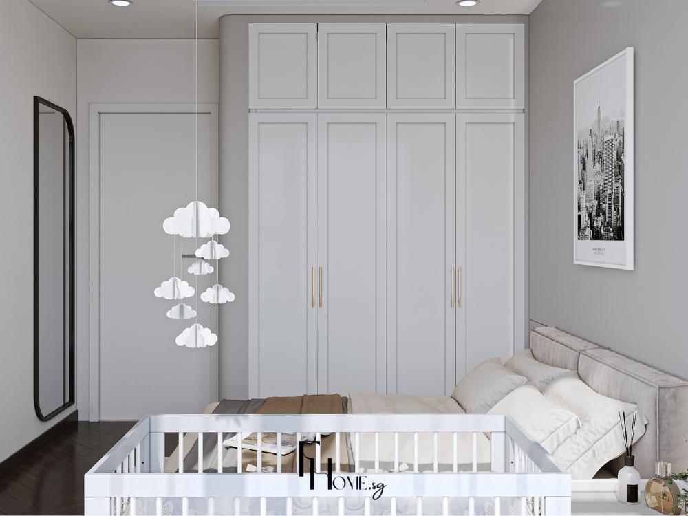 Mẫu Nhà Phố 2 Tầng Đẹp Diện Tích 5x15m với phòng ngủ gọn gàng, sử dụng thiết kế tối giản và nội thất treo tường để tối ưu diện tích