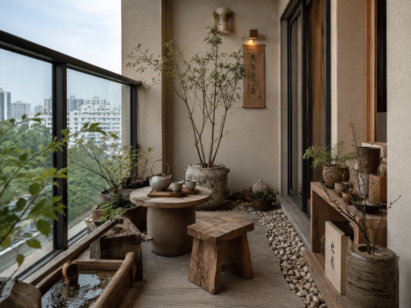 Mẫu ban công phong cách Nhật Bản với bàn trà nhỏ
