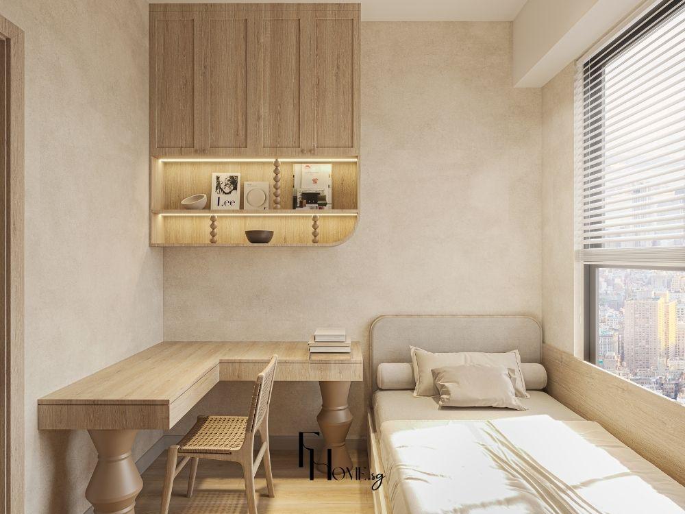 Mẫu bàn làm việc hiện đại kết hợp kệ lưu trữ tiện dụng, mang lại không gian học tập và làm việc ngăn nắp