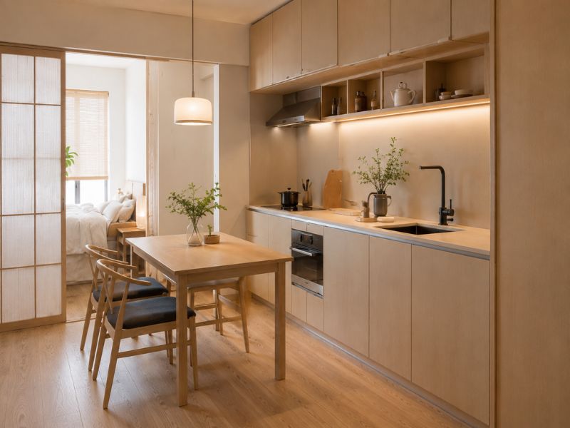 Nội thất chung cư phong cách Nhật Bản khu bếp dùng hệ tủ phẳng, bàn ăn nhỏ và cửa trượt để tiết kiệm diện tích