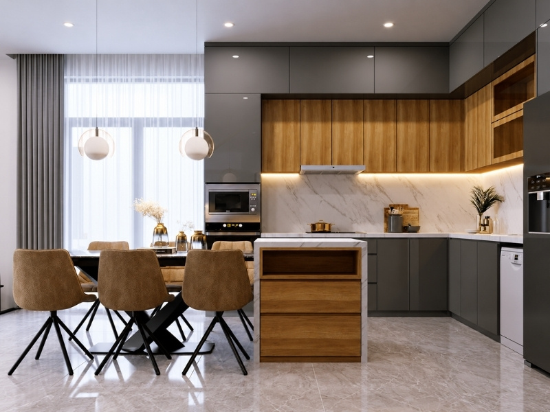 Mẫu bếp chữ L kết hợp bàn đảo và bàn ăn đón sáng cho nhà phố 45m2