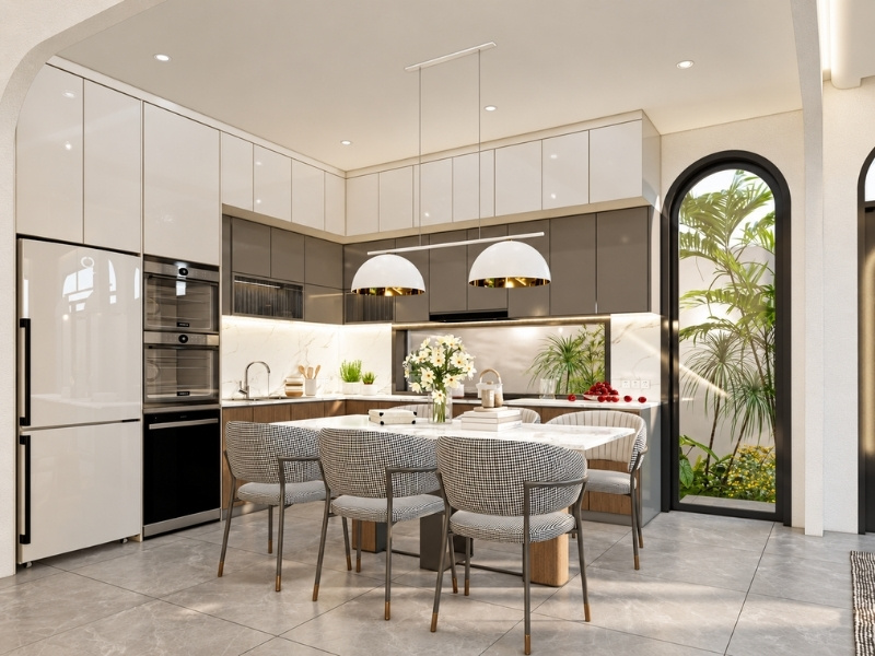 Mẫu bếp chữ L kịch trần kết hợp bàn ăn 6 ghế cho nhà phố 66m2