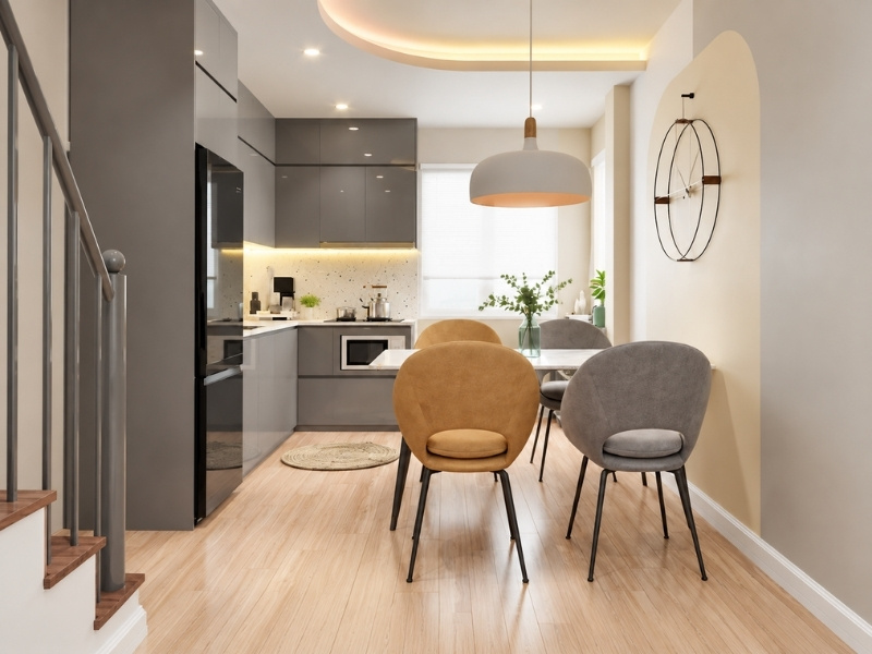 Mẫu bếp chữ L kịch trần kết hợp bàn ăn 4 ghế hiện đại cho nhà phố 16m2