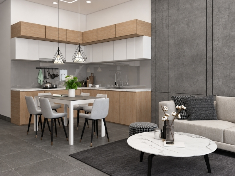Mẫu bếp chữ L kịch trần kết hợp bàn ăn mặt đá cho nhà phố 50m2