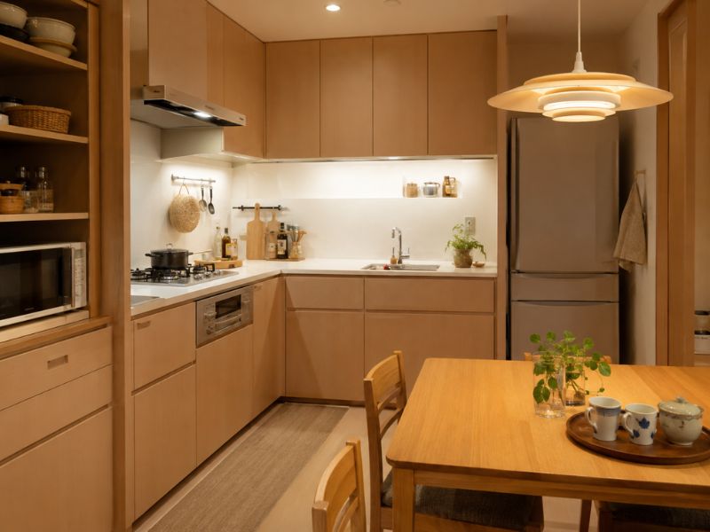 Bếp chữ L kết hợp bàn ăn nhỏ giúp căn hộ tiết kiệm diện tích, đồng thời giữ không gian nấu nướng sạch gọn và dễ sử dụng